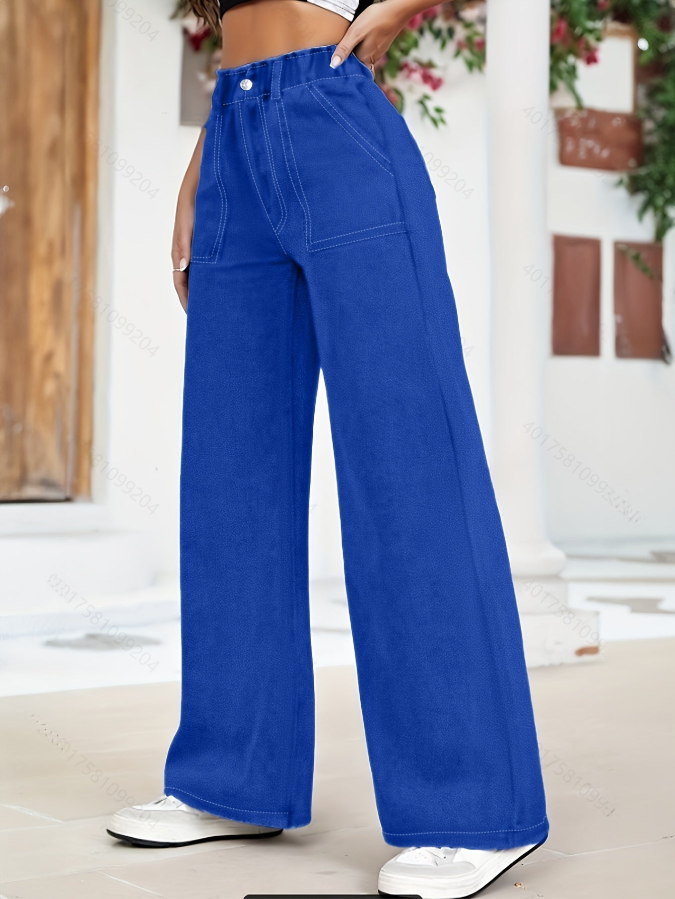Pantalon Cargo en Denim Taille Haute à Jambe Large avec Poches Surdimensionnées