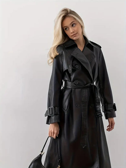 Manteau Trench Ceinturé en Cuir Noir Femme Élégant