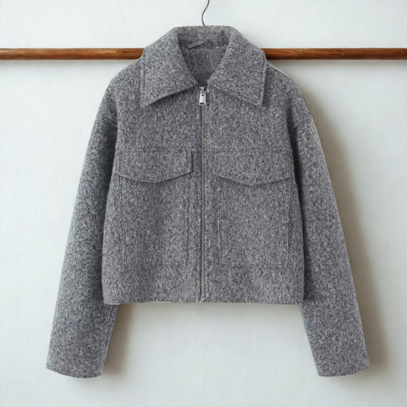 Veste Courte Coupe Carrée Femme avec Col Pointu et Fermeture Éclair Avant