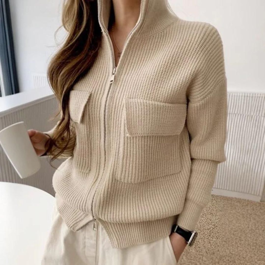 Pull en tricot zippé confortable avec poches pour un usage décontracté