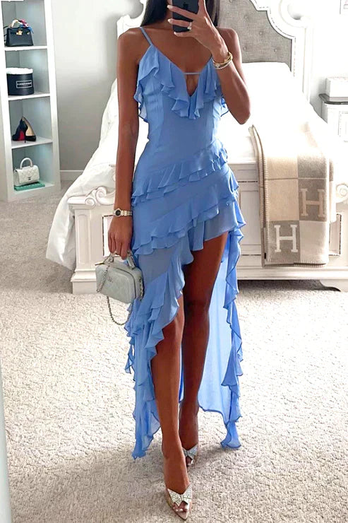 Robe Bleue Sans Manches à Volants Asymétrique Femme