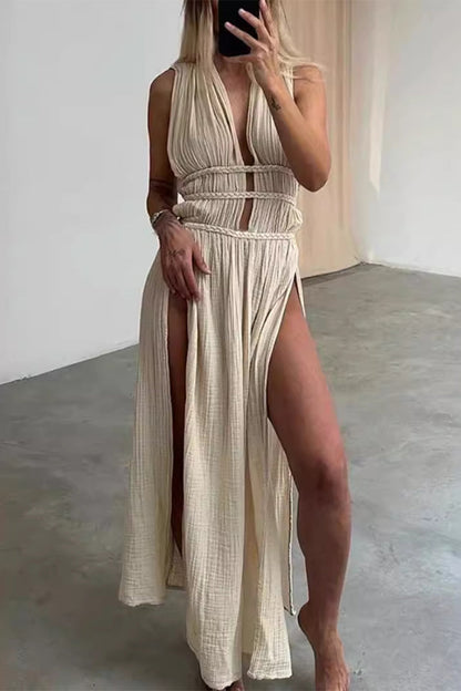 Robe de plage bohème à col en V et fente