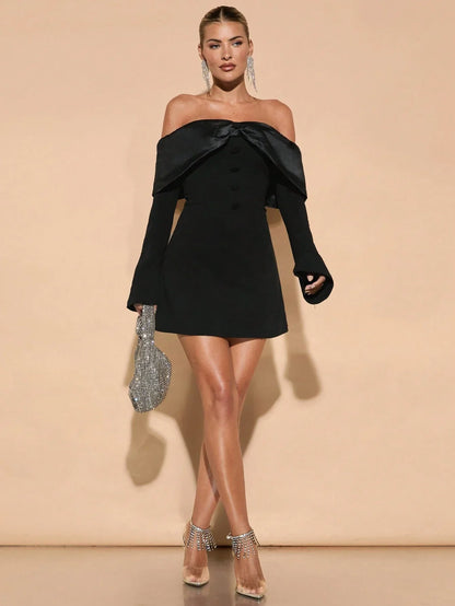 Robe Courte à Épaules Dénudées et Manches Longues pour Femme