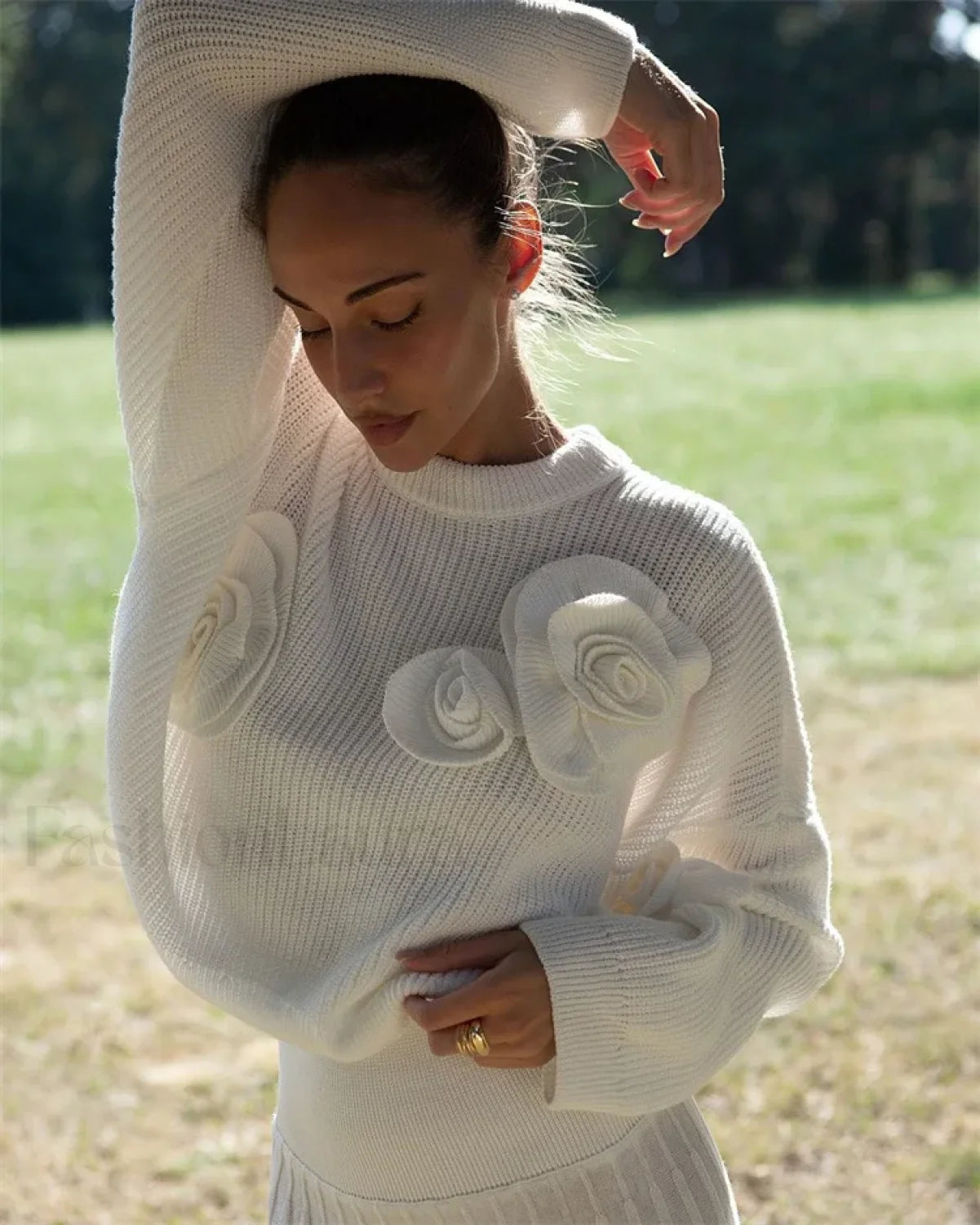 Pull en tricot à motif de rose 3D confortable avec coupe décontractée ample