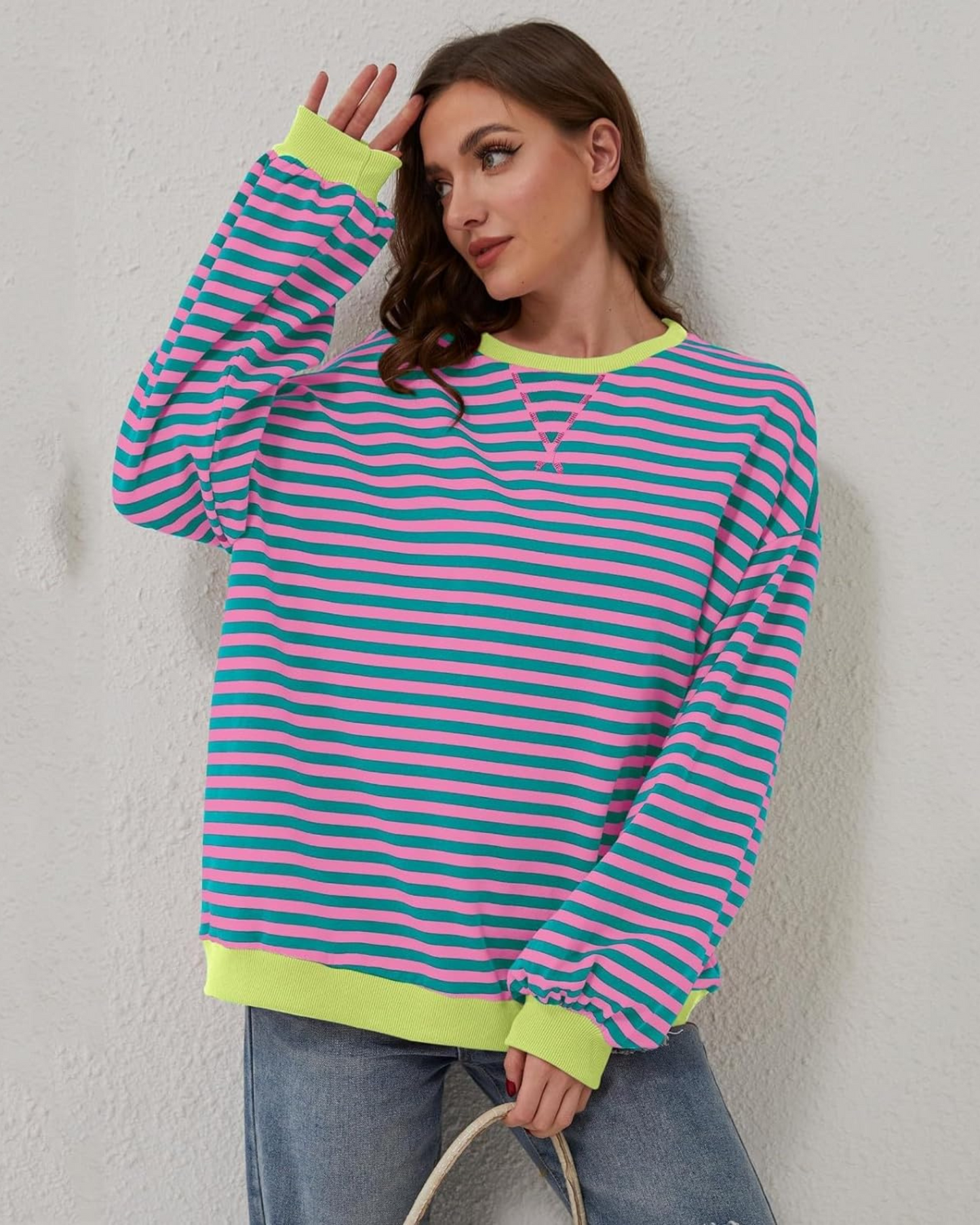 Sweatshirt Oversize Rayé Manches Longues Femmes