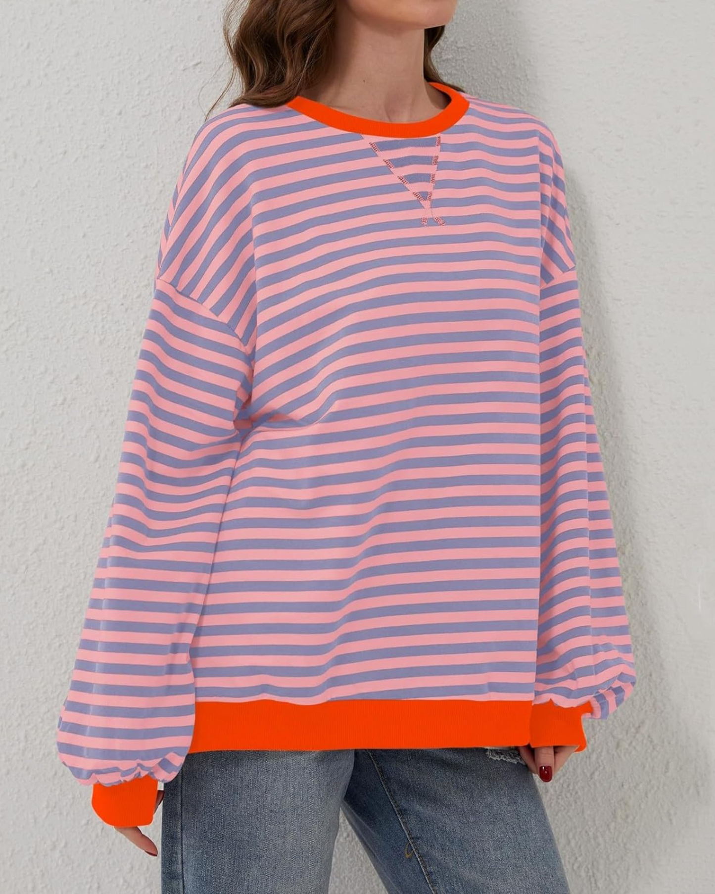 Sweatshirt Oversize Rayé Manches Longues Femmes