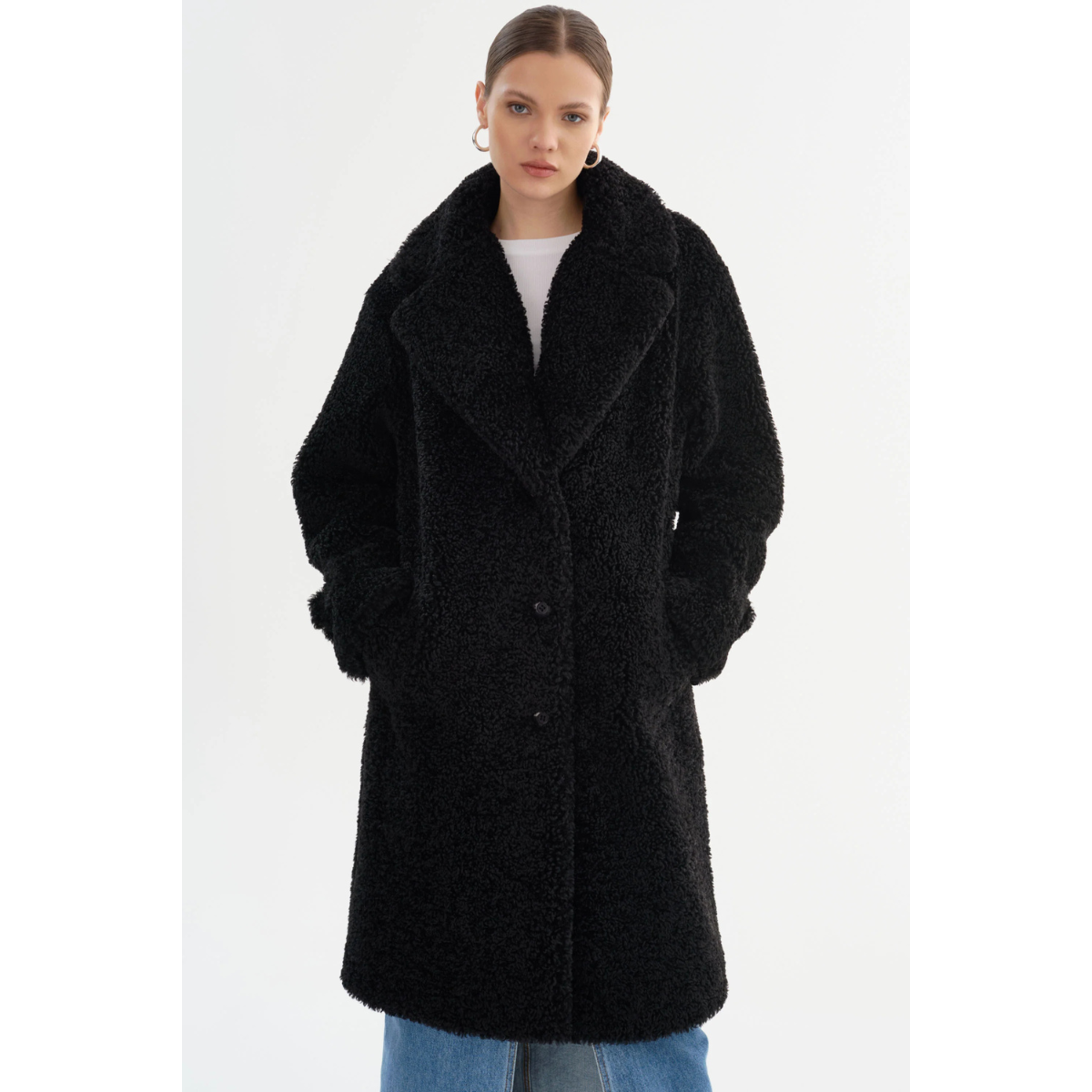 Manteau Long Vintage Noir Oversize en Laine Polaire Femmes