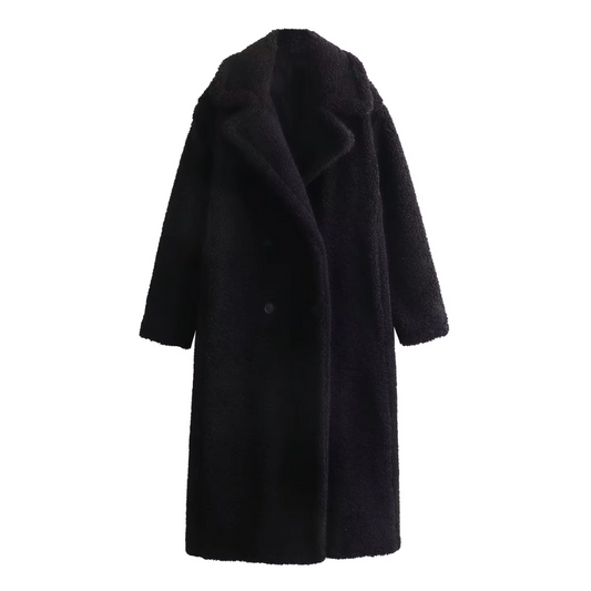 Manteau Long Vintage Noir Oversize en Laine Polaire Femmes