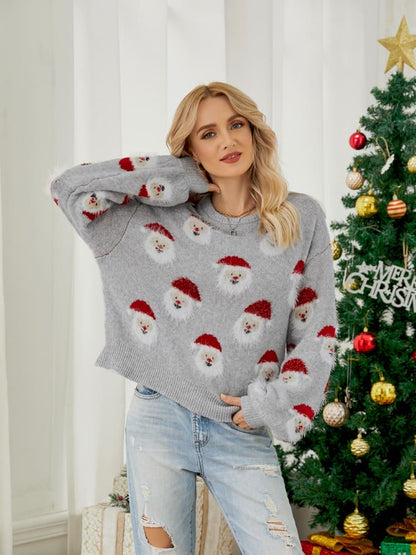 Pull Festif Gris en Maille avec Motif Père Noël Femmes