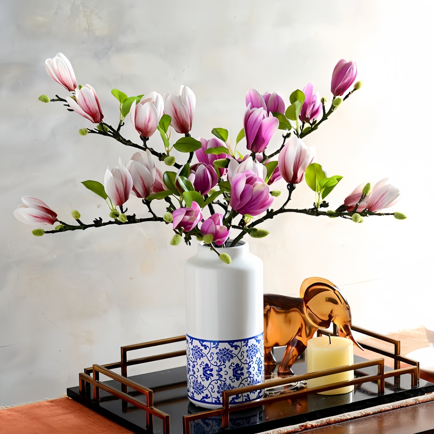 Élégant Ensemble de 4pcs Fleurs de Magnolia en Soie 68cm