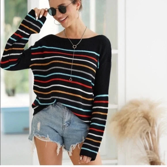 Pull en maille rayé à col en V confortable pour un look décontracté d'automne