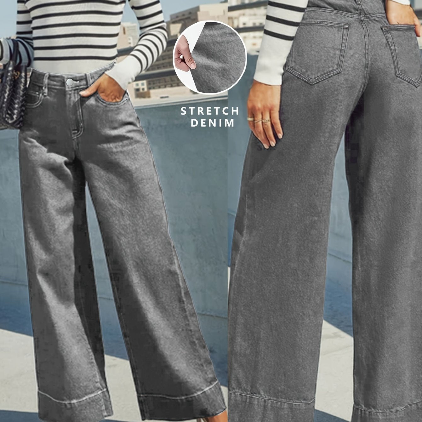 Jean en denim extensible taille haute à jambes larges avec ourlet revers