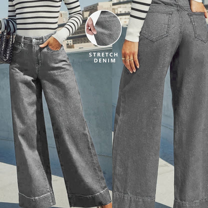 Jean en denim extensible taille haute à jambes larges avec ourlet revers