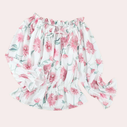 Blouse florale sans épaules avec manches bouffantes