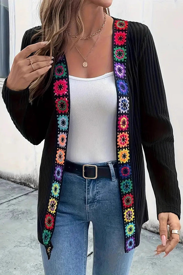 Cardigan à manches longues en maille avec bordure florale bohème