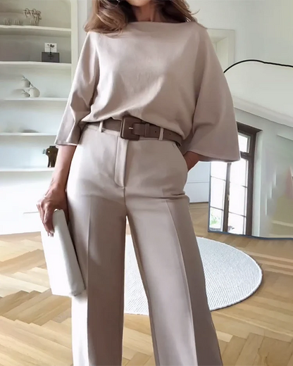 Ensemble Top Pantalon Beige Formelle Stylée Femmes