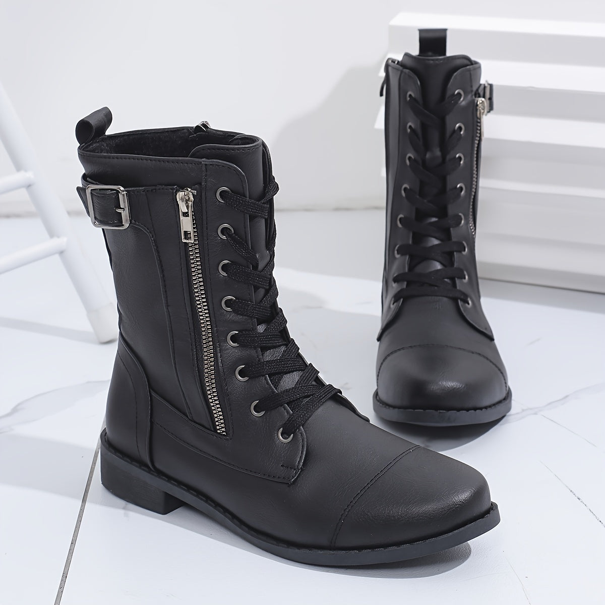 Bottes de Combat à Lacets et Zip Latéral pour Femme