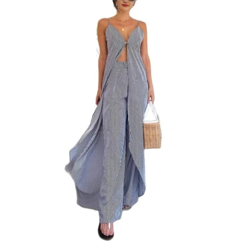 Ensemble top rayé sans manches avec pantalon ample décontracté