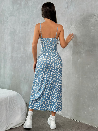 Robe Florale à Décolleté Carré Sans Manches et Fente Pour Femme