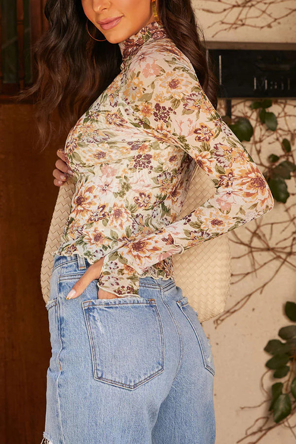 Haut décontracté à manches longues ajusté avec imprimé floral