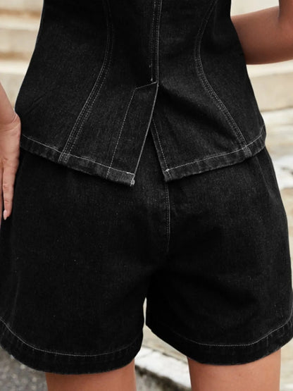 Ensemble décontracté en jean avec gilet boutonné et short