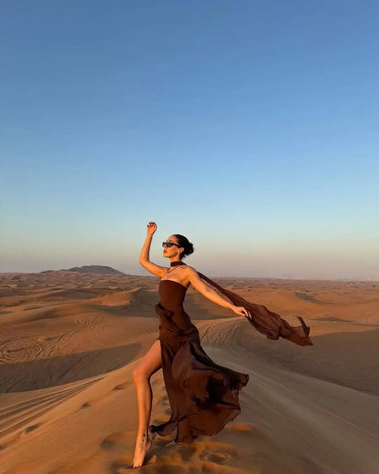 Robe longue asymétrique en mousseline pour femme