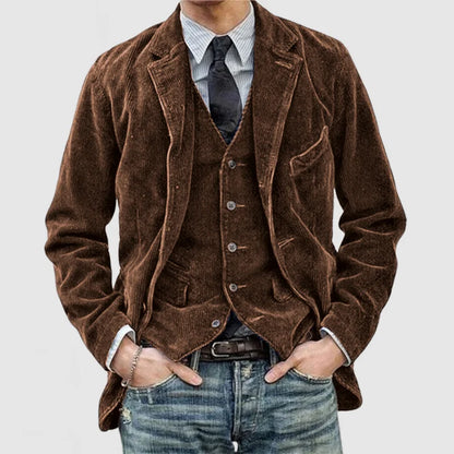 Ensemble Elégant Blazer et Gilet en Velours Côtelé Vintage pour Homme