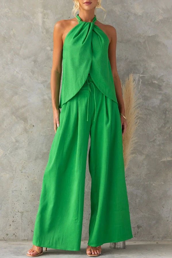 Ensemble haut fendu devant en mélange de lin avec pantalon large