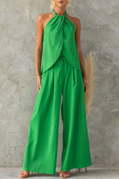 Ensemble haut fendu devant en mélange de lin avec pantalon large