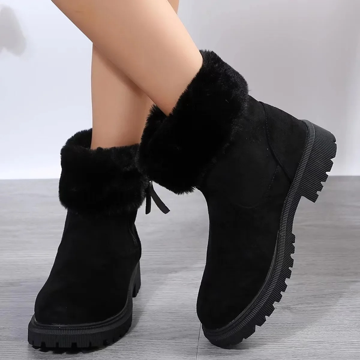 Bottes D'hiver Coupe Vent pour Femmes avec Col en Fourrure