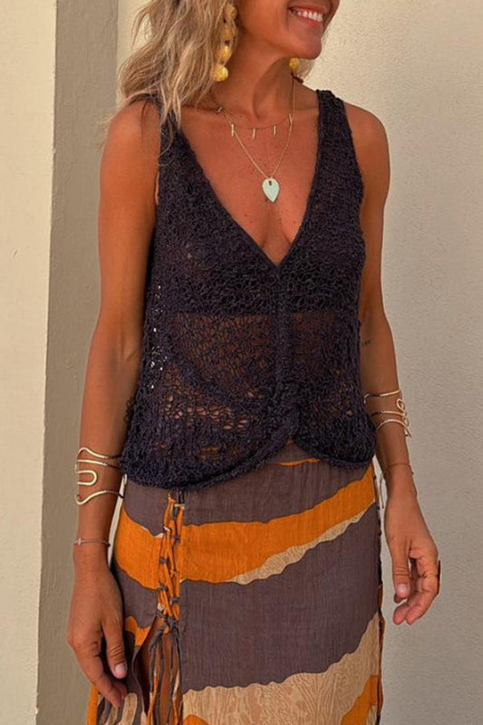 Débardeur bohème tricoté à col en V torsadé ajouré