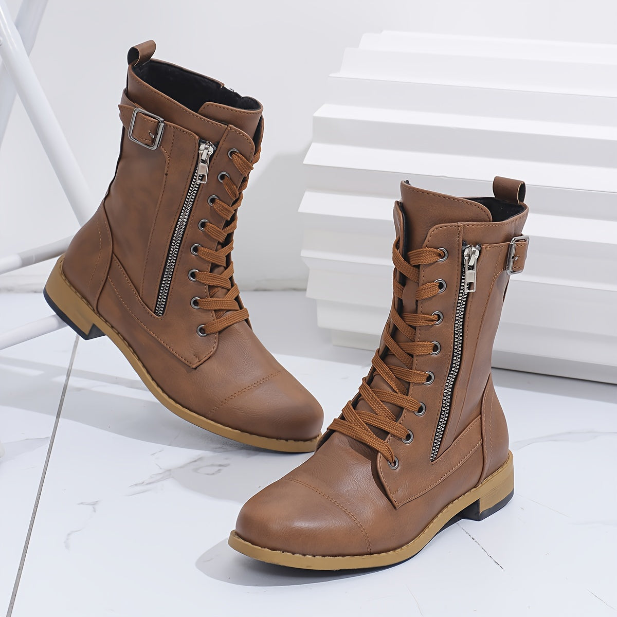 Bottes de Combat à Lacets et Zip Latéral pour Femme