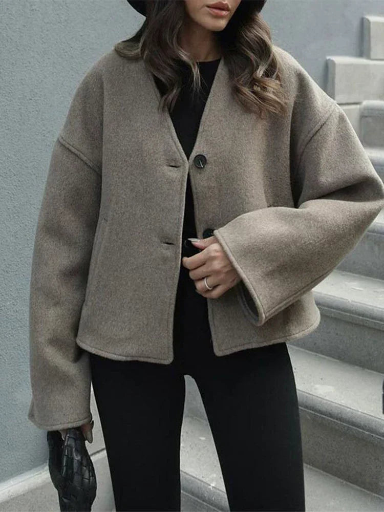 Manteau oversize effet laine à col en V pour femmes
