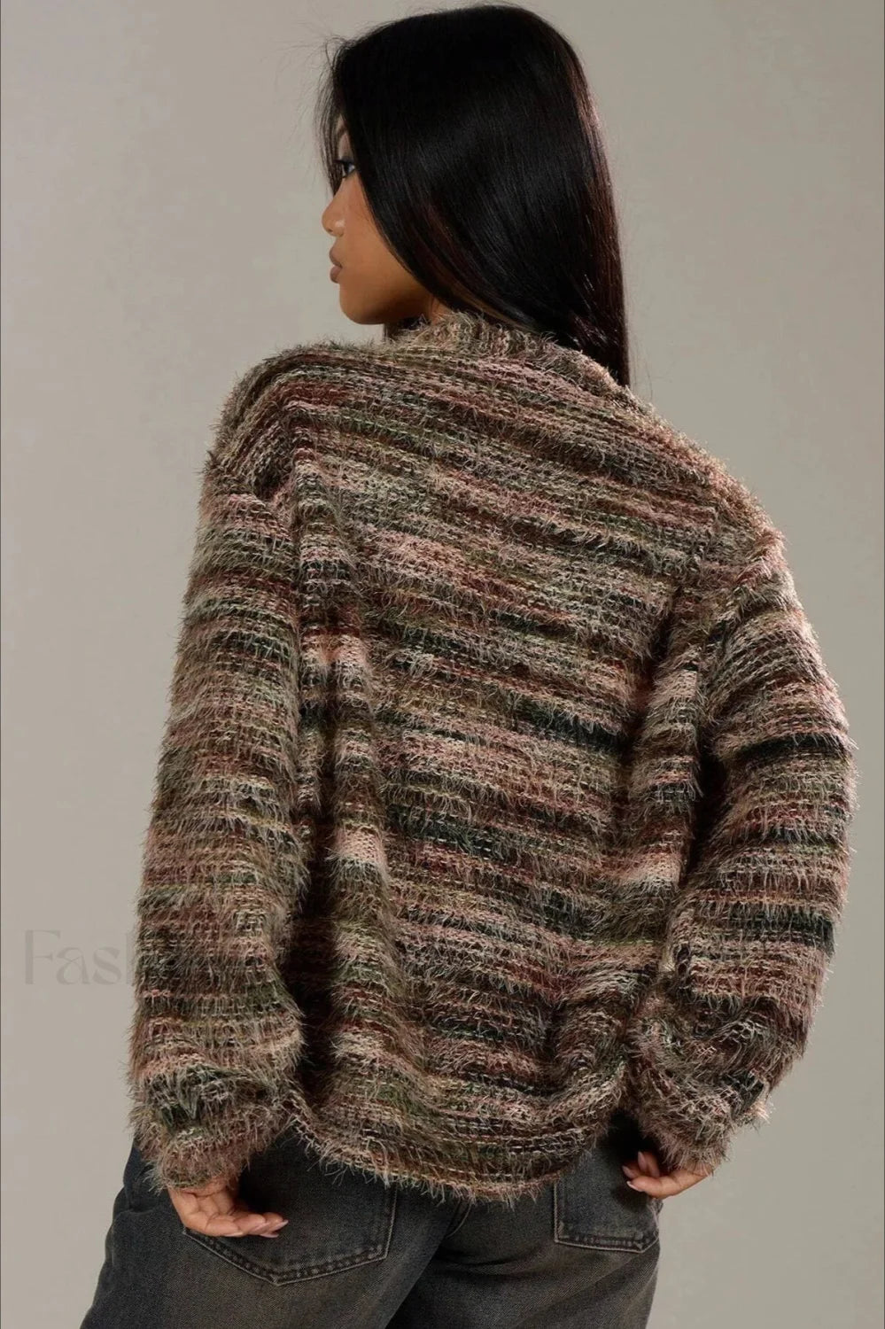 Cardigan Tricoté Vintage Rayé Col V Confortable