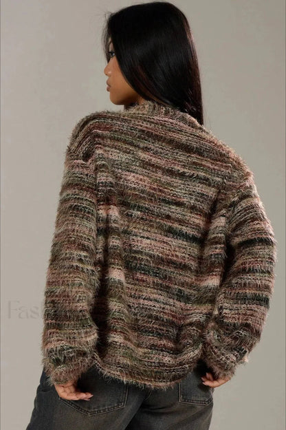 Cardigan Tricoté Vintage Rayé Col V Confortable