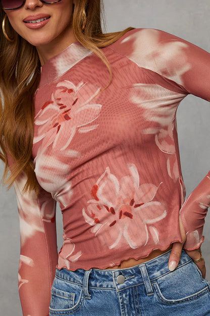 Haut décontracté à manches longues ajusté avec imprimé floral