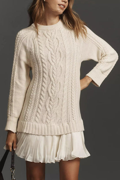 Robe Mini Pull en Maille Côtelée avec Ourlet en Chiffon Plissé