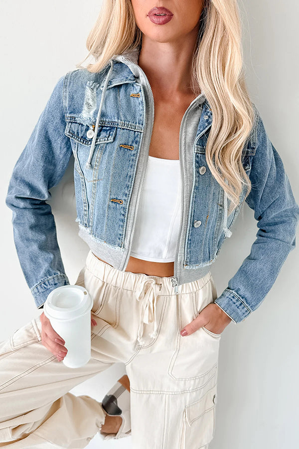 Veste à capuche décontractée en denim patchwork