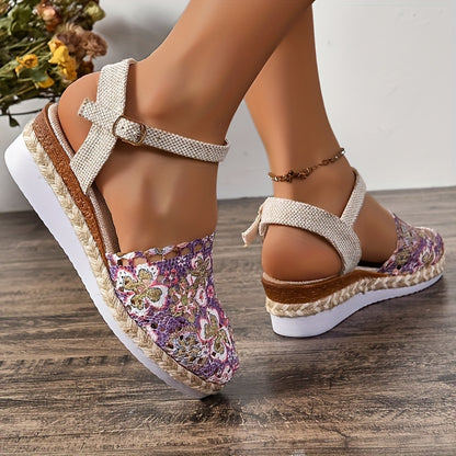 Sandales Compensées À Lanière Boucle Florale Femme