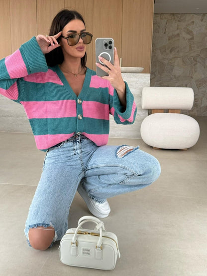 Cardigan tricoté décontracté rayé à col en V confortable