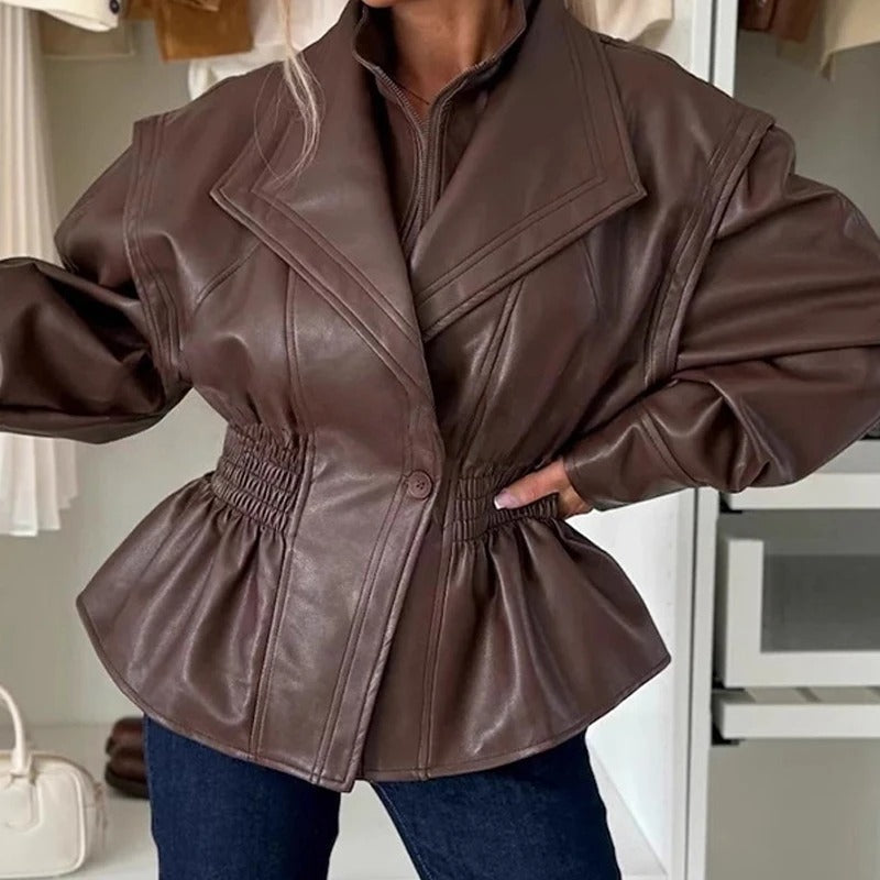 Veste Moto Chic en Similicuir à Revers avec Taille Élastique