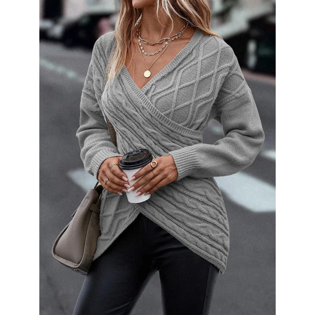 Pull Tricoté Chic à Col en V et Bords Asymétriques pour Femme