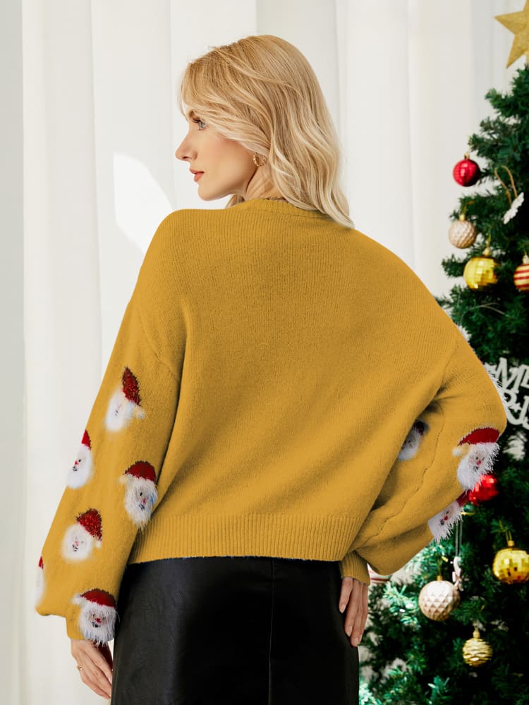 Pull Festif Gris en Maille avec Motif Père Noël Femmes