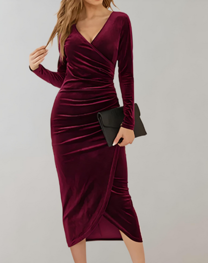 Robe Moulante en Velours à Manches Longues et Col V pour Femme