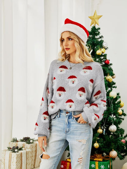 Pull Festif Gris en Maille avec Motif Père Noël Femmes