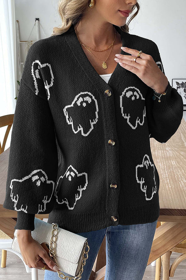 Cardigan boutonné en maille avec fantôme d'Halloween douillet