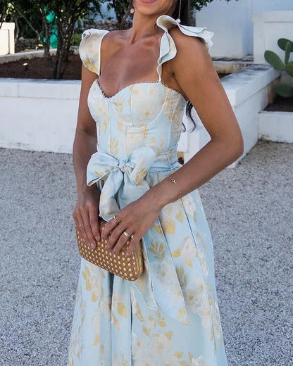 Robe Midi Sans Manches Florale Élégante Pour Femme Avec Ceinture