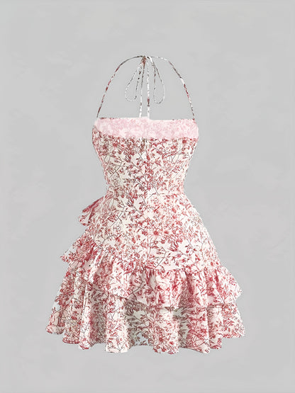 Robe Mini Florale à Col Halter et Empiècement Pour Femme