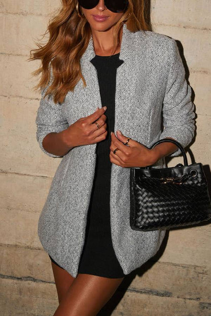 Manteau Gris Chiné Chic avec Poches pour un Style Quotidien