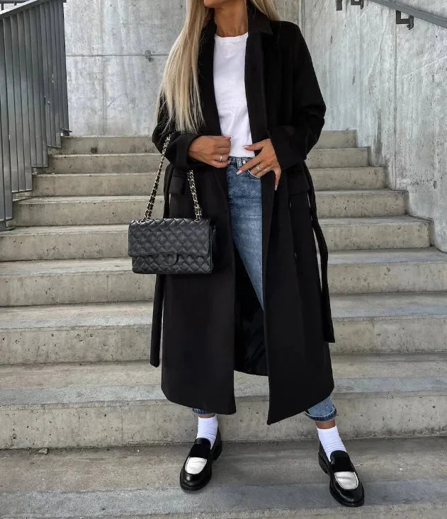 Manteau chic ceinturé à double boutonnage avec poches